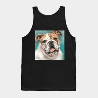 Painting of a White and Brown Bulldog With Its Tongue Out on Blue Background Tank Top